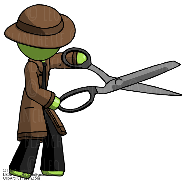 Green Detective Man Holding Giant Scissors Cutting Out Something #1891