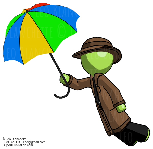 Green Detective Man Flying With Rainbow Colored Umbrella #1892