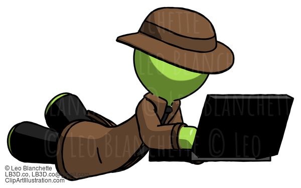 Green Detective Man Using Laptop Computer While Lying On Floor Side Angled View #1893