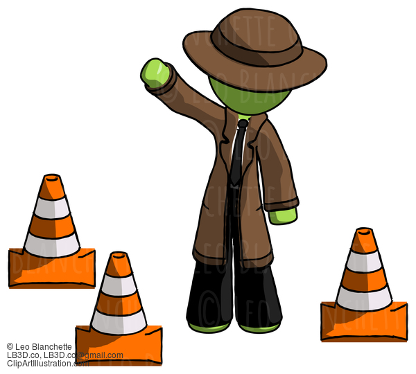 Green Detective Man Standing By Traffic Cones Waving #1894