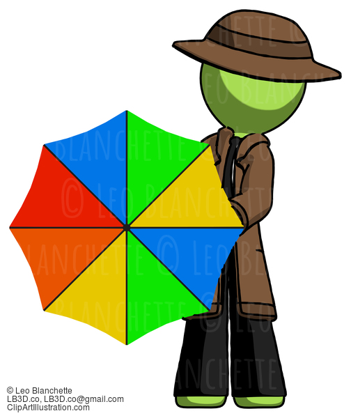 Green Detective Man Holding Rainbow Umbrella Out To Viewer #1898