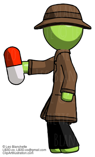 Green Detective Man Holding Red Pill Walking To Left #1901