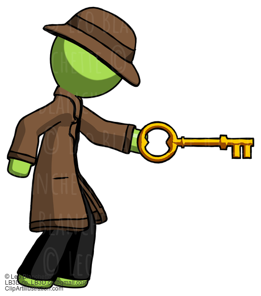 Green Detective Man With Big Key Of Gold Opening Something #1908