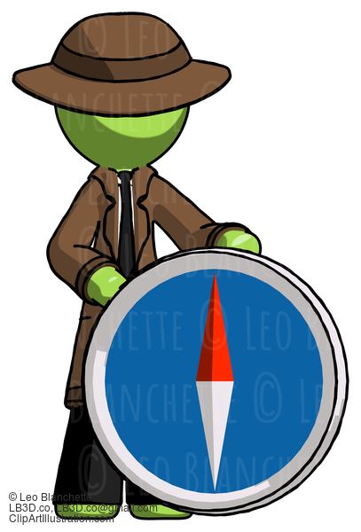 Green Detective Man Standing Beside Large Compass #1909