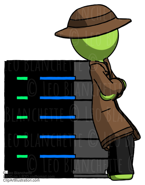 Green Detective Man Resting Against Server Rack Viewed At Angle #1919