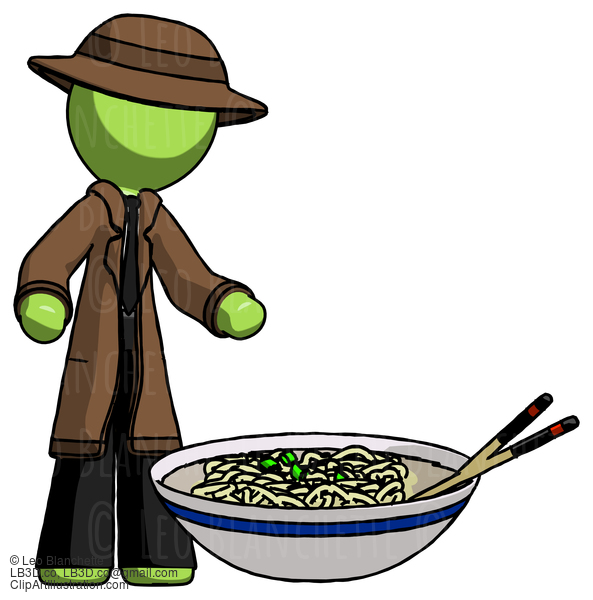 Green Detective Man And Noodle Bowl, Giant Soup Restaraunt Concept #1933