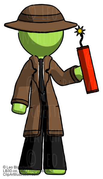 Green Detective Man Holding Dynamite With Fuse Lit #1936