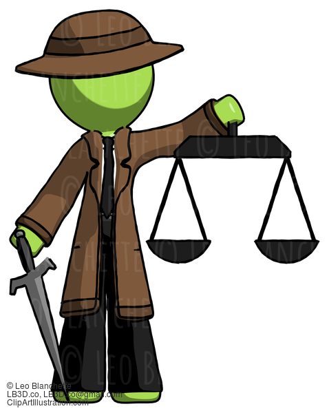 Green Detective Man Justice Concept With Scales And Sword, Justicia Derived #1937