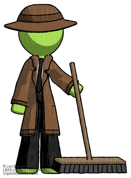 Green Detective Man Standing With Industrial Broom #1954