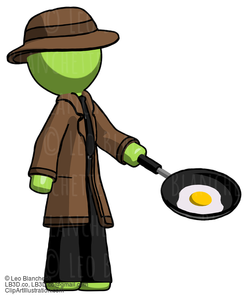 Green Detective Man Frying Egg In Pan Or Wok Facing Right #1978