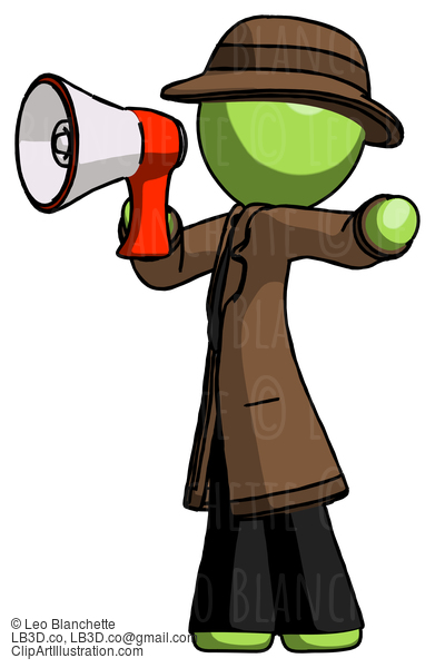 Green Detective Man Shouting Into Megaphone Bullhorn Facing Left #1981