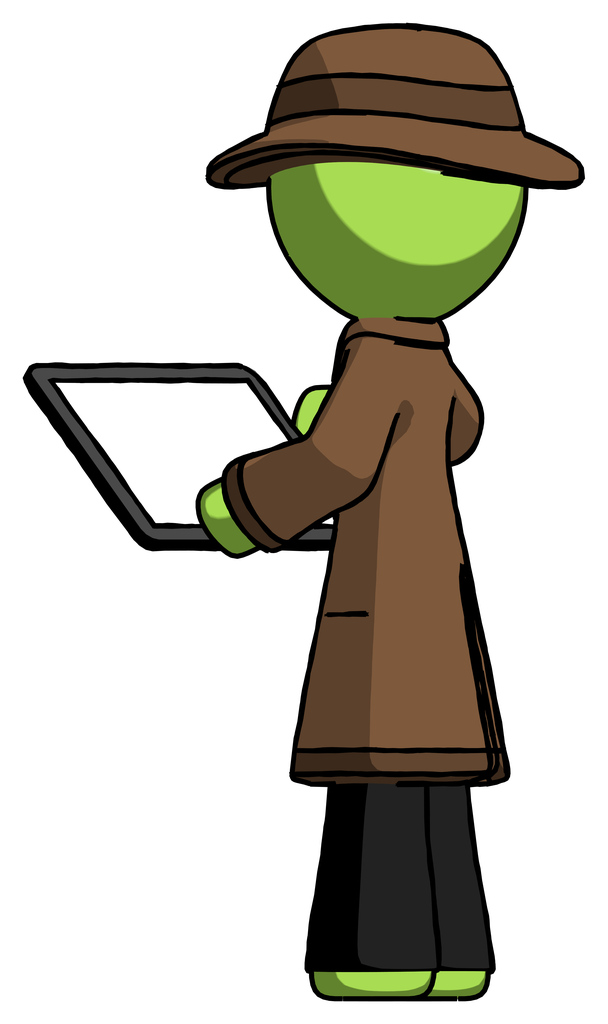 Green Detective Man looking at tablet device computer with back to viewer