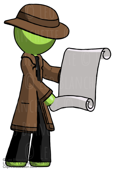 Green Detective Man Holding Blueprints Or Scroll #1987