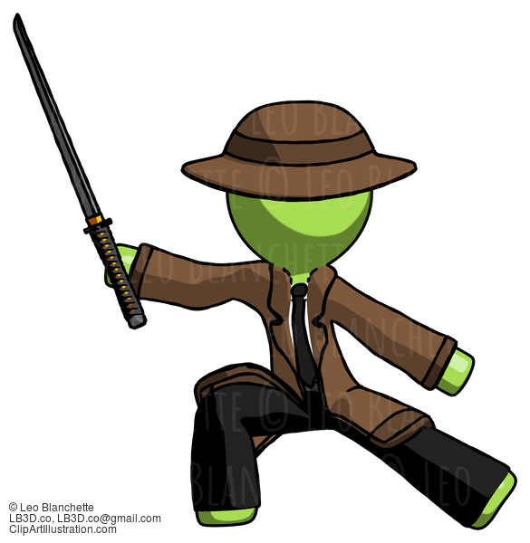 Green Detective Man With Ninja Sword Katana In Defense Pose #1996