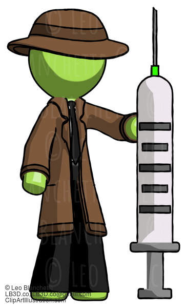 Green Detective Man Holding Large Syringe #1998