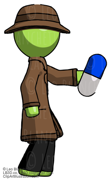 Green Detective Man Holding Blue Pill Walking To Right #2001