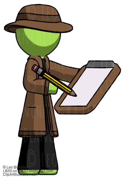 Green Detective Man Using Clipboard And Pencil #2009