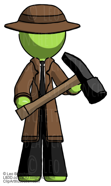 Green Detective Man Holding Hammer Ready To Work #2010