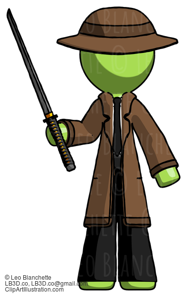 Green Detective Man Standing Up With Ninja Sword Katana #2012