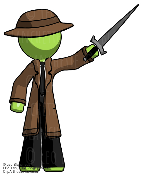 Green Detective Man Holding Sword In The Air Victoriously #2020