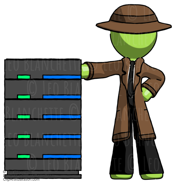 Green Detective Man With Server Rack Leaning Confidently Against It #2021