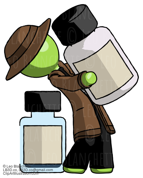 Green Detective Man Holding Large White Medicine Bottle With Bottle In Background #2022