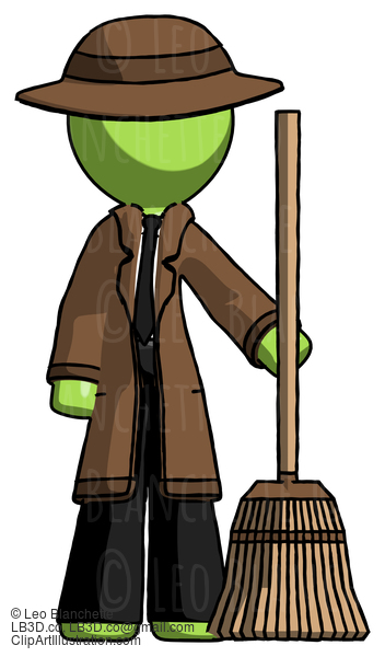 Green Detective Man Standing With Broom Cleaning Services #2023