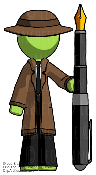 Green Detective Man Holding Giant Calligraphy Pen #2029