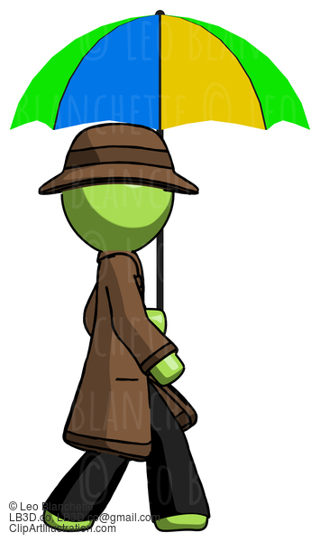 Green Detective Man Walking With Colored Umbrella #2031