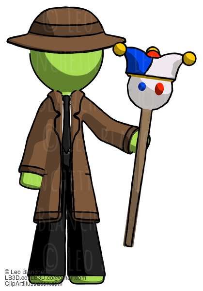 Green Detective Man Holding Jester Staff #2034