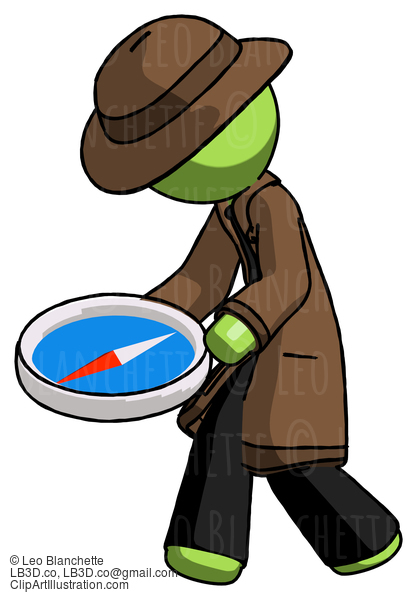 Green Detective Man Walking With Large Compass #2038