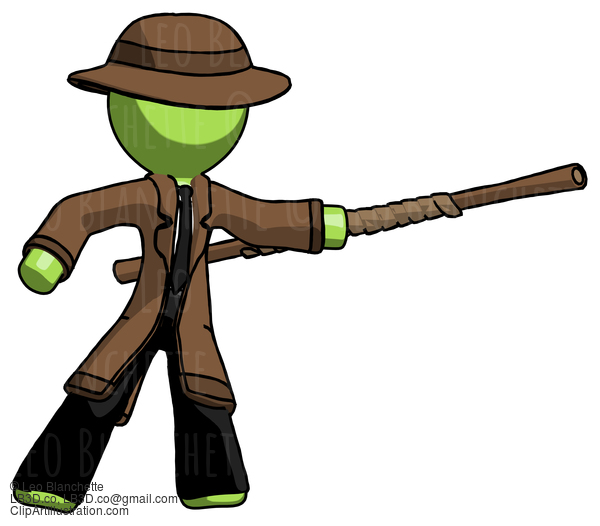 Green Detective Man Bo Staff Pointing Right Kung Fu Pose #2039