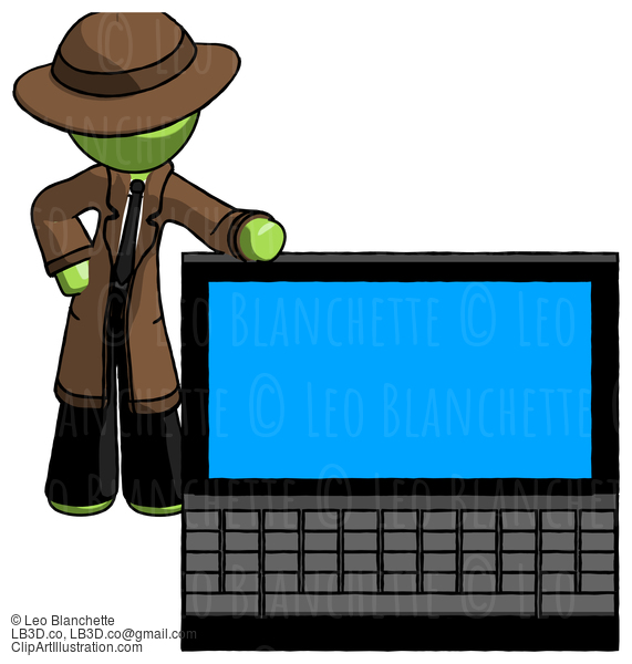 Green Detective Man Beside Large Laptop Computer, Leaning Against It #2040