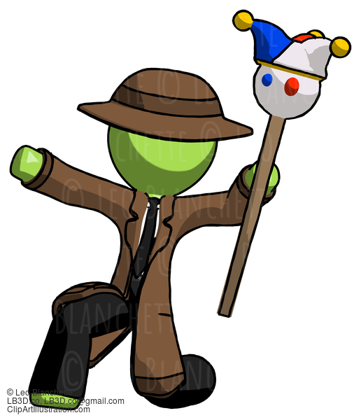 Green Detective Man Holding Jester Staff Posing Charismatically #2044