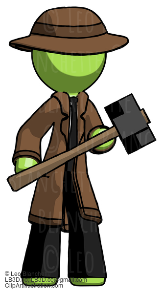 Green Detective Man With Sledgehammer Standing Ready To Work Or Defend #2049