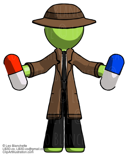 Green Detective Man Holding A Red Pill And Blue Pill #2051