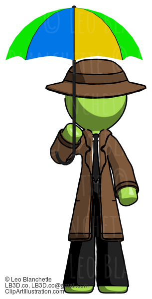 Green Detective Man Holding Umbrella Rainbow Colored #2052