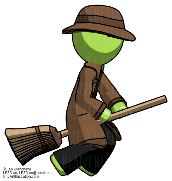 Green Detective Man Flying On Broom #2053