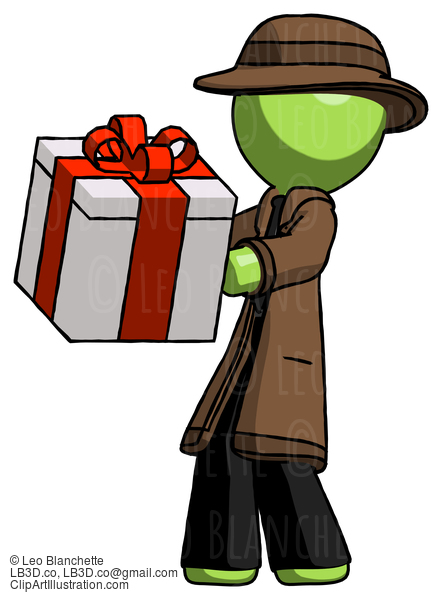 Green Detective Man Presenting A Present With Large Red Bow On It #2056