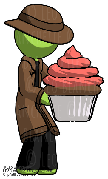 Green Detective Man Holding Large Cupcake Ready To Eat Or Serve #2060