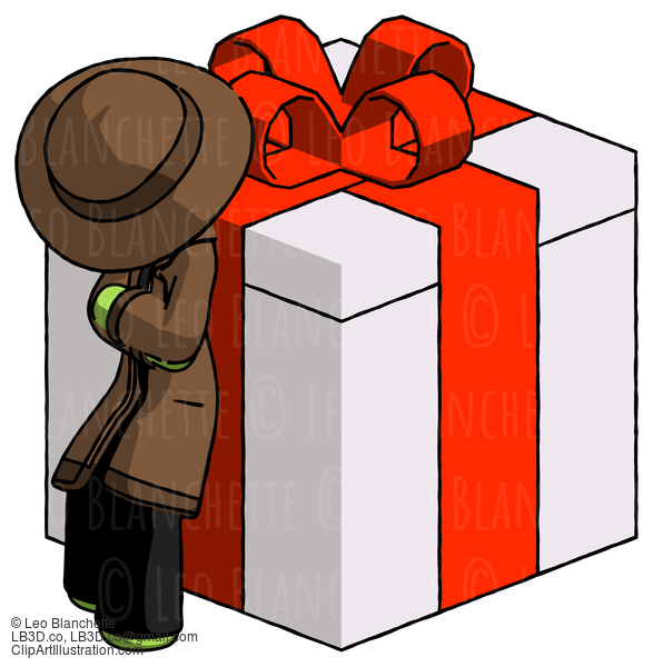 Green Detective Man Leaning On Gift With Red Bow Angle View #2063