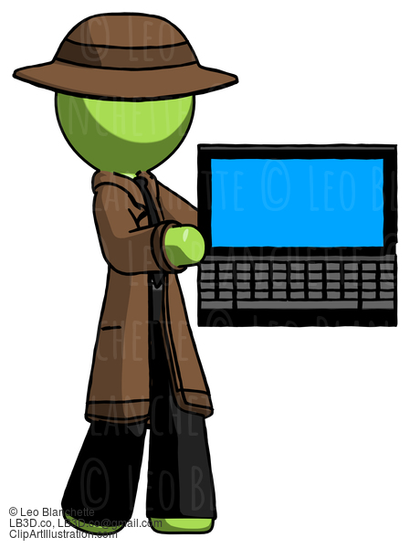 Green Detective Man Holding Laptop Computer Presenting Something On Screen #2064