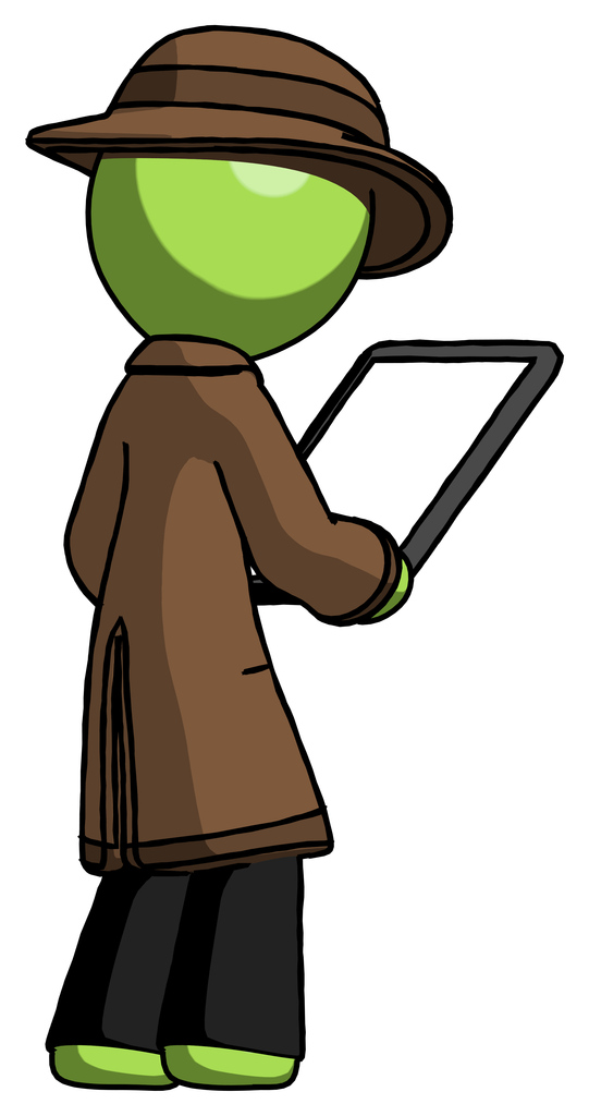 Green Detective Man looking at tablet device computer facing away