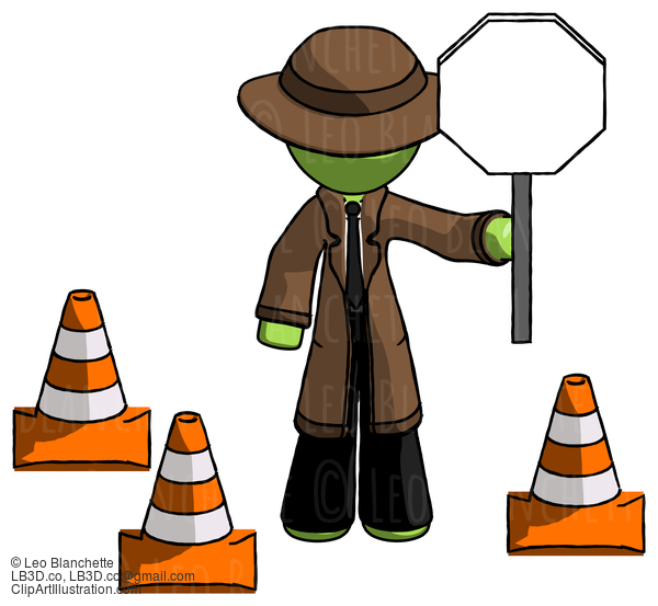 Green Detective Man Holding Stop Sign By Traffic Cones Under Construction Concept #2066