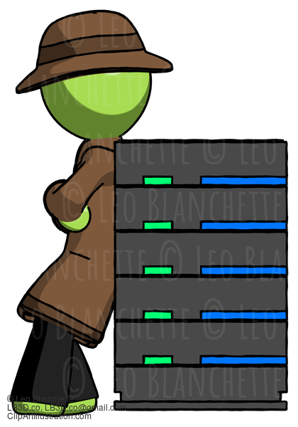 Green Detective Man Resting Against Server Rack #2067