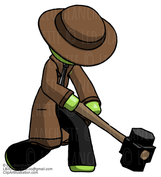 Green Detective Man Hitting With Sledgehammer, Or Smashing Something At Angle #2072