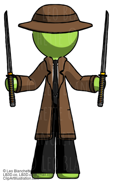 Green Detective Man Posing With Two Ninja Sword Katanas Up #2078