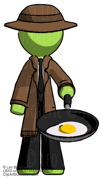 Green Detective Man Frying Egg In Pan Or Wok #2079