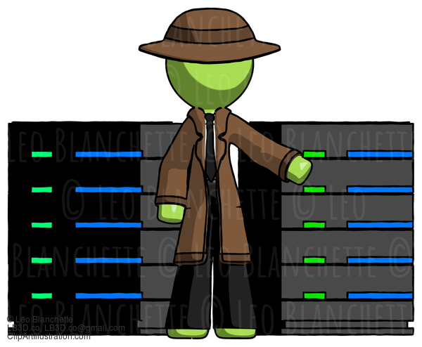 Green Detective Man With Server Racks, In Front Of Two Networked Systems #2088