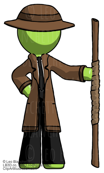 Green Detective Man Holding Staff Or Bo Staff #2089